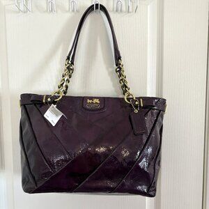 Coach Madison Diagonal Pleated Patent Leather Tote Bag Handbag 21300 Violet NEW